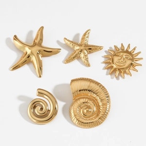 Marine Ocean Starfish Nautilus Shell Sun Face Brooches PVD Gold Plated Stainless Steel Non Tarnish Jewelry