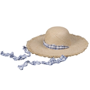 Sweet wide brim raffia sun hat for women featuring blue plaid ribbon and frayed edges