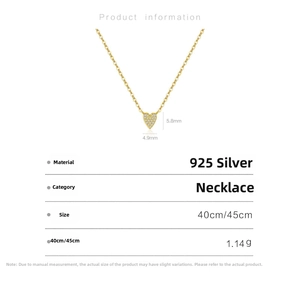 Detailed specs of S925 silver heart necklace with pave zircon and 18K gold plating