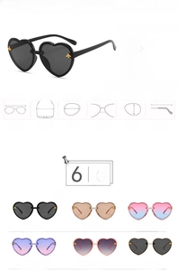 Detailed sizing chart and color guide for heart-shaped children's bee sunglasses