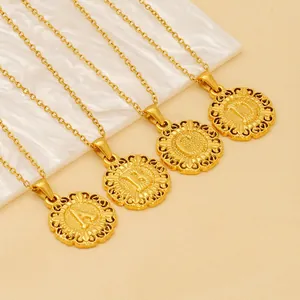 Initial Necklace Round Coin Pendant 18K Gold Plated Stainless Steel Vintage Filigree Edge Alphabet Jewelry For Women