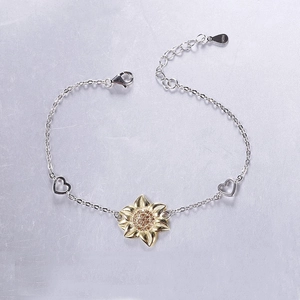 S925 sterling silver bracelet with golden sunflower pendant and hollow heart links