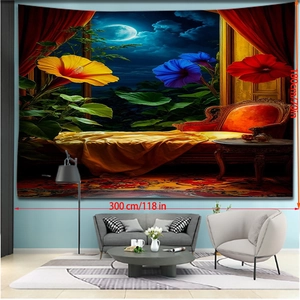 Detailansicht Wandteppich 180x300cm mit magischem Nachtmeerblick und Vintage Sessel