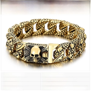 Macro detail of punk skull bracelet with scale texture and technical specifications