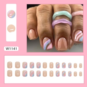 Short square press-on nails with macaron pink and blue wave stripes and 24 pieces