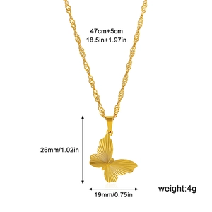18k gold plated stainless steel butterfly pendant necklace with size dimensions shown