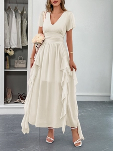 Detail of cream V-neck maxi dress with ruffled short sleeves and waist tie design