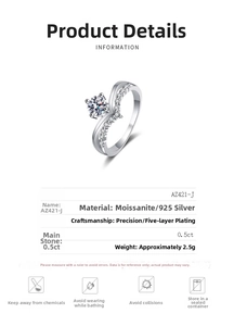 Detailed specs of S925 silver V-shaped ring with a 0.5ct moissanite center stone