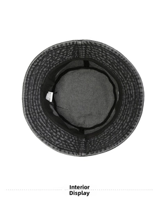 Internal view of dark grey washed denim bucket hat showing black sweatband and stitching