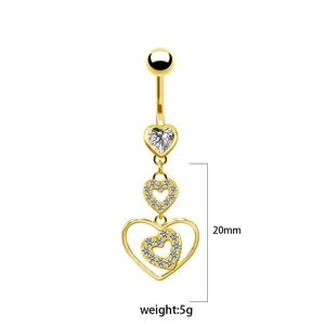 Detail view of gold heart belly ring with crystals showing size 20mm and weight 5g