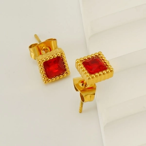 Square red zircon stud earrings in gold plated stainless steel with beaded edge design