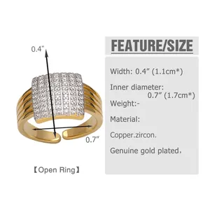 Size chart showing dimensions and materials for the gold-plated zircon open ring