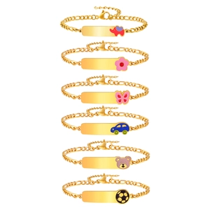 Adjustable gold plated Figaro chain bracelets for kids with colorful enamel charm icons