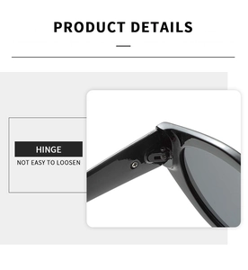 Detailed close-up of reinforced metal hinges on stylish black irregular cat-eye sunglasses