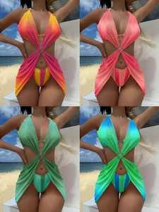 Damen Halter Bikini Und Mesh Cover Up Farbverlauf Herz Straßschnalle Atmungsaktive Beachwear Sommer Resort Wear