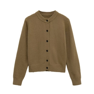 Classic round neck long sleeve knitted cardigan in earthy brown with ribbed cuffs