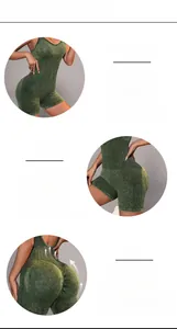 Detail view of the high-waisted seamless peach lift stitching on green yoga romper