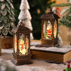 Detail of vintage bronze Christmas water lanterns with Santa and Snowman inside
