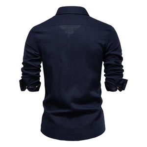 Back view of men's navy blue long-sleeved linen casual shirt with breathable fabric texture