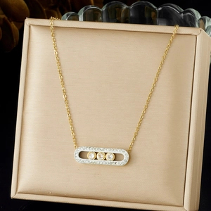 Stainless Steel Gold Plated Necklace Oval Pendant With Sliding Moving Rhinestones Elegant Light Luxury Jewelry For Women