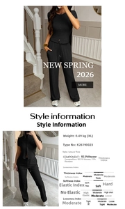 Detail showing high-waisted drawstring trousers and ribbed fabric texture of the black set
