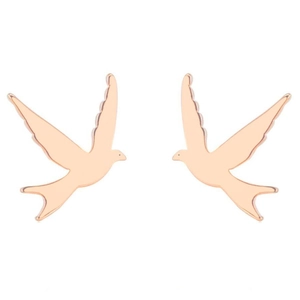 Minimalist rose gold bird stud earrings featuring a sleek polished finish on white background