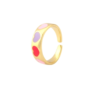 Retro gold plated ring with colorful enamel hearts in pink purple and red on white background