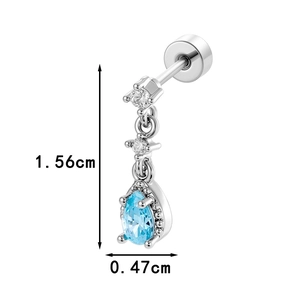 Silver earring with micro-set zircon blue teardrop pendant, 1.56cm high and 0.47cm wide