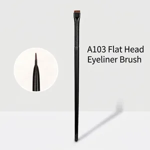 Detail view of A103 flat-head eyeliner brush with ultra-thin bristles and matte black handle