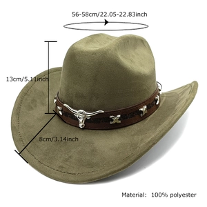 Army green faux suede western cowboy hat with leather band and metal bull head buckle