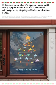 Detailed view of Christmas tree window sticker with stars and Merry Christmas text