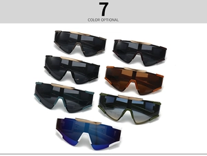 Detailed catalog showing 7 color options of oversized retro shield sunglasses