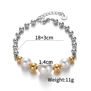 Fashionable stainless steel beaded bracelet with large white pearls and adjustable chain