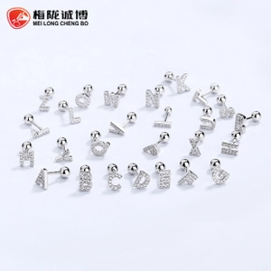 Micro-inlaid zircon 925 silver A-Z alphabet stud earrings with screw ball backings