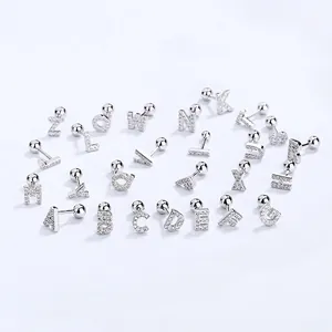 925 Sterling Silver Initial Letter Stud Earrings For Women Tiny Alphabet Zirconia Helix Piercing Jewelry Minimalist Earrings