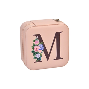 Portable pink PU leather jewelry box with mirror and floral M letter print