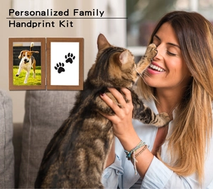 Detail of personalized wood frame for pet paw print kit and photo display