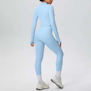 Completo yoga celeste a vita alta con giacca sportiva con zip e asole per i pollici