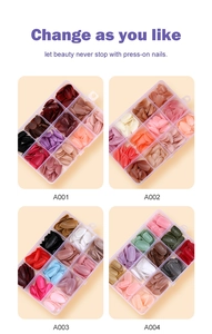 Detail view of four 12-color nail art sets in clear cases labeled A001 to A004