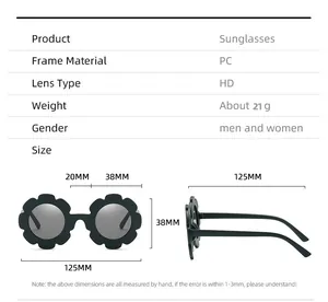 Detailed size specifications for flower shaped PC sunglasses for kids and babies