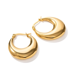 Polished gold-plated stainless steel teardrop hoop earrings for women on white background