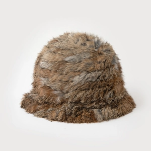Detail of thick brownish-grey faux rabbit fur bucket hat with soft plush texture