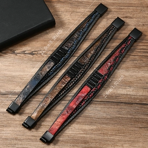Three multi-layer braided leather bracelets in blue, brown, and red with dimension markings