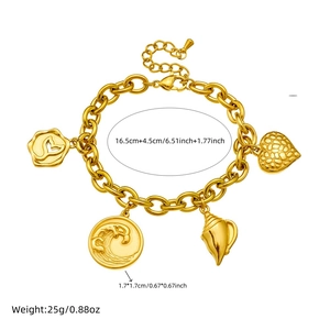 Gold plated stainless steel bracelet with vintage sea charms like ocean waves and seashells