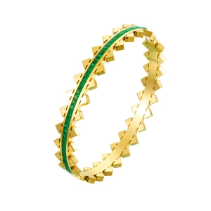 Gold titanium steel bracelet featuring double-row spikes and green zircon stones on white background