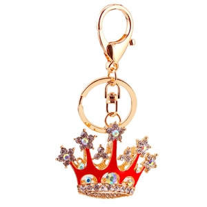 Sparkling crystal crown keychain in gold metal with red enamel and lobster clasp