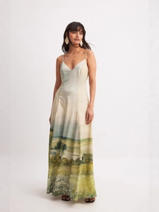 Elegant landscape print long camisole dress for women with silky texture
