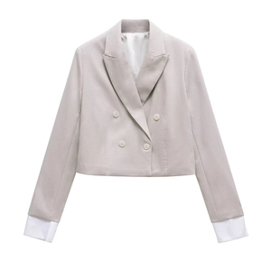 Short double-breasted light grey blazer for women with stylish white contrast cuffs