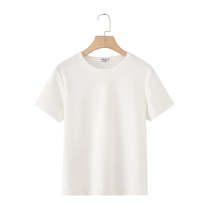 Detail view of white crew neck short sleeve slim fit T-shirt on a wooden hanger