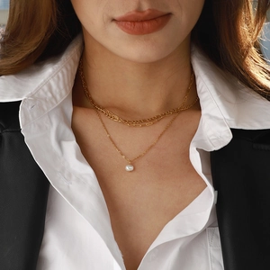 Layered Necklace Stainless Steel Artificial Pearl Pendant Golden Figaro Paperclip Chain Elegant Jewelry For Women